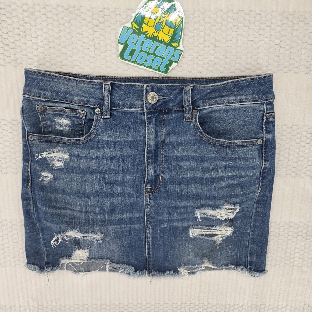 American Eagle Hi Rise Denim Mini Skirt Distressed Next Level Stretch Sz 12 33 W